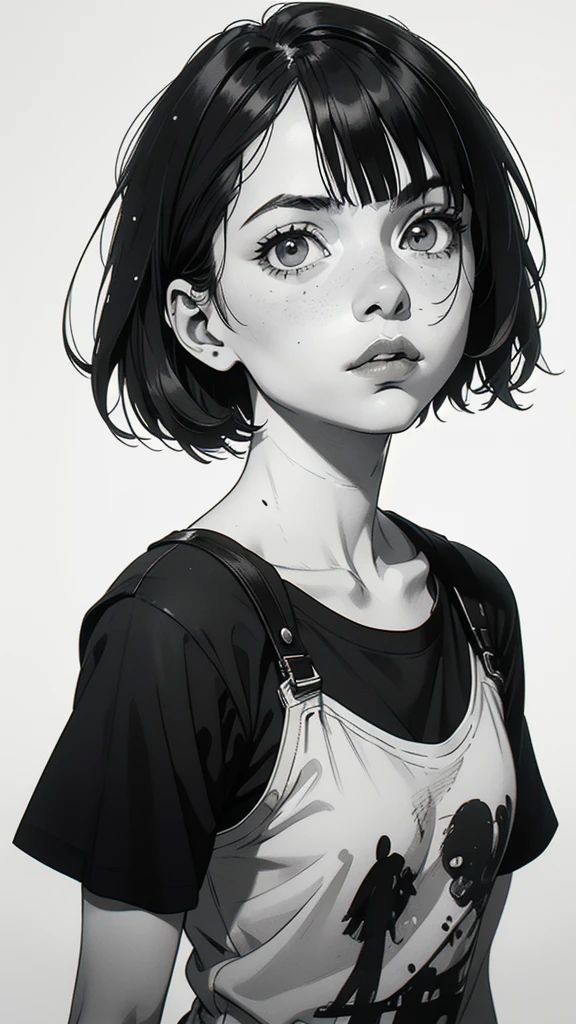 1 boyish girl, solo, sharp eyes, expressionless, monochrome, greyscale, short black hair, portrait, white T-shirt, closed mouth, looking at viewer, graphite \(medium\), detailed lips, hatching \(texture\), without makeup, bangs, upper body, (best illustration), (best quality), (very detailed), (masterpiece), expressionless,