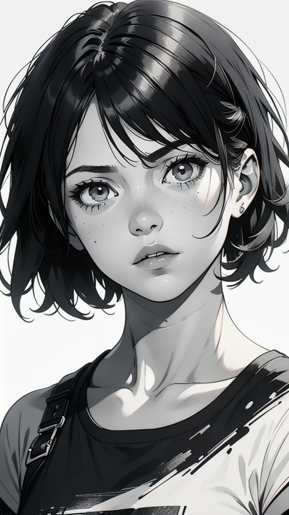 1 boyish girl, solo, sharp eyes, expressionless, monochrome, greyscale, short black hair, portrait, white T-shirt, closed mouth, looking at viewer, graphite \(medium\), detailed lips, hatching \(texture\), without makeup, bangs, upper body, (best illustration), (best quality), (very detailed), (masterpiece), expressionless,