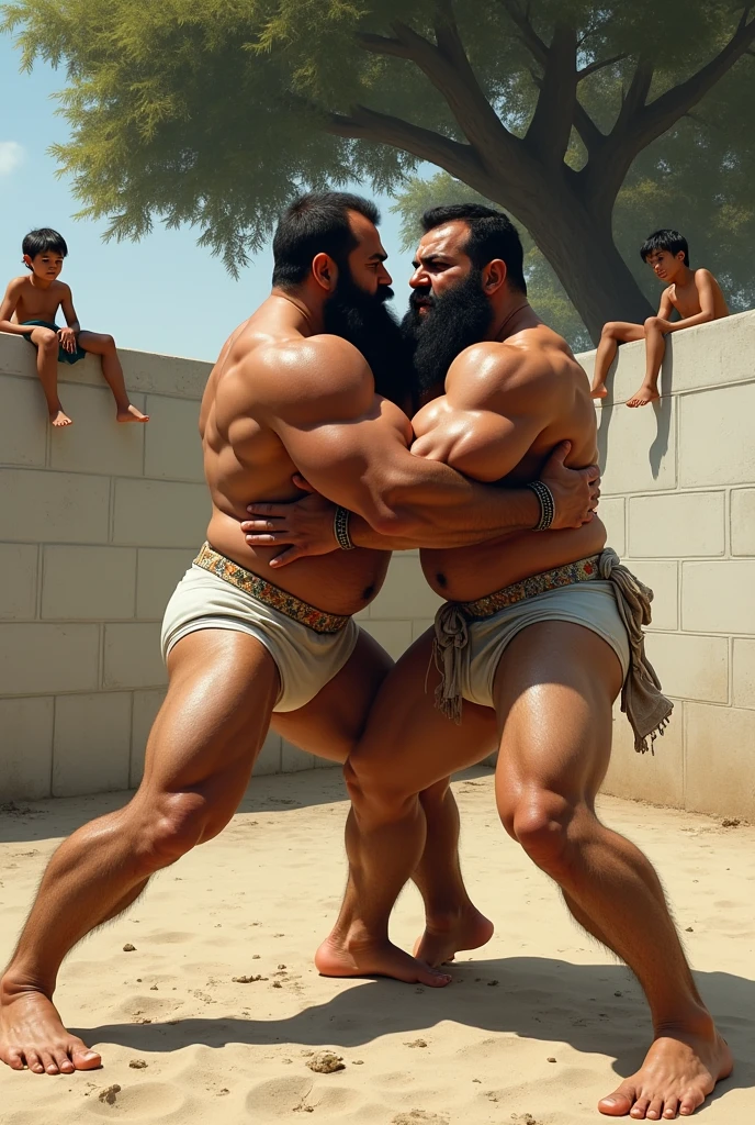 Two big, hairy, bearded, strong, muscular Persian policemen standing in white underwear fighting in a fenced-in yard with a white wall, Sandy ground, a big tree in the background. Two boys sitting on the wall watching.