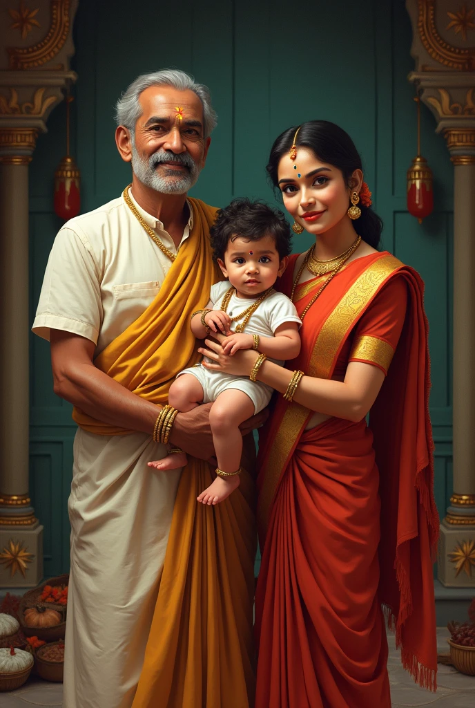 Create a one ok tamil family wear traditional dress one 45 years father and one 40 years old monther and one 20 years old younger son the younger stands between father and mother and that younger son holds a baby in his arm