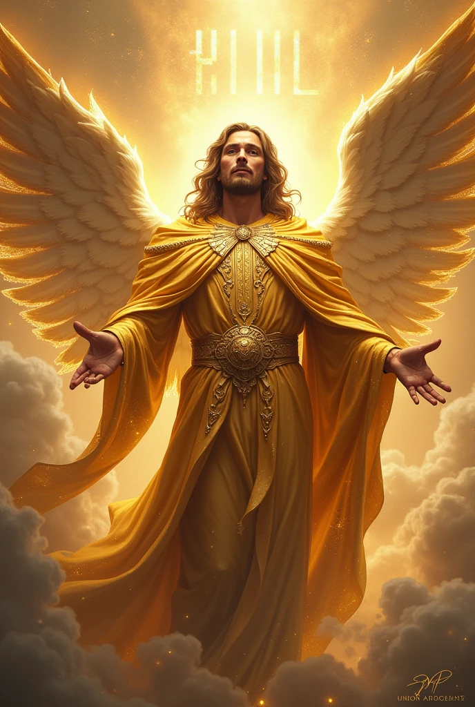 Create an image of Archangel Gabriel, represented in a majestic and powerful way, with golden details and a shining tunic. At the top of the image, Put the text in large, bold letters "EPA #40". At the bottom of the image, add the word "soon" in clear and prominent letters. Finally, On the bottom, add the name of the place "UNION VILLAGE". Make sure the design is impactful, with a heavenly style, and that the texts are legible and well integrated into the visual composition. Do it just as I describe it to you. , I don't want mistakes