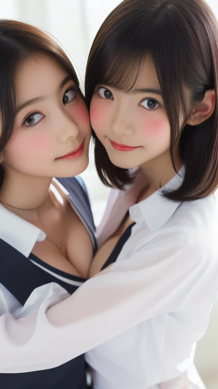 ((masterpiece)), ((Highest quality)), (Very detailed), ((cute)), cute, 4K, (8k), Highest quality, (beautiful), whole body, (Two people, 2 cute girls:1.5), ((high school girlの制服)), ((beautiful目, hug:1.5)、whole body, Highest quality, shape, Very detailed, finely, High resolution, 8k wallpaper, 完璧なmasterpiece, Highest quality, 8k, Two peopleの若くてbeautiful, Baby Face、着衣Big Breasts、((((超Big Breasts))))(((((()))))),((Large Breasts:1.3)), photo shoot, cute顔, Thighs,、smile, 10 generations, Detailed face, Background Blur、Long Hair、Black Hair、Big Breasts、Cleavage、Tight waist,(((((Cleavage))))mini skirt((White collared shirt))mini skirt、Navy Pleated Skirt、high school girl、necklace、hug、Embrace each other、(((Close to the face)))Two women,Equal height,Facing each other,Two bodies approaching,、Two peopleの写真、Holding hands and facing each other、向かい合うTwo peopleの写真、Push each other、Put your boobs together、Huge boobs、超Big Breasts、Large Breasts(((((2People face each other)))))