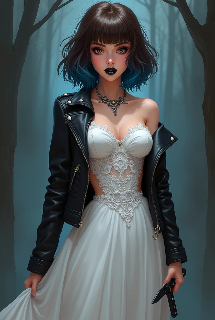 ((art animation 2D)) 20 year old woman with short wavy brown hair with dark blue dyed tips, with black lipstick and dark makeup, Brown eyes, with good body, wearing a wedding dress with a leather jacket, holding a knife