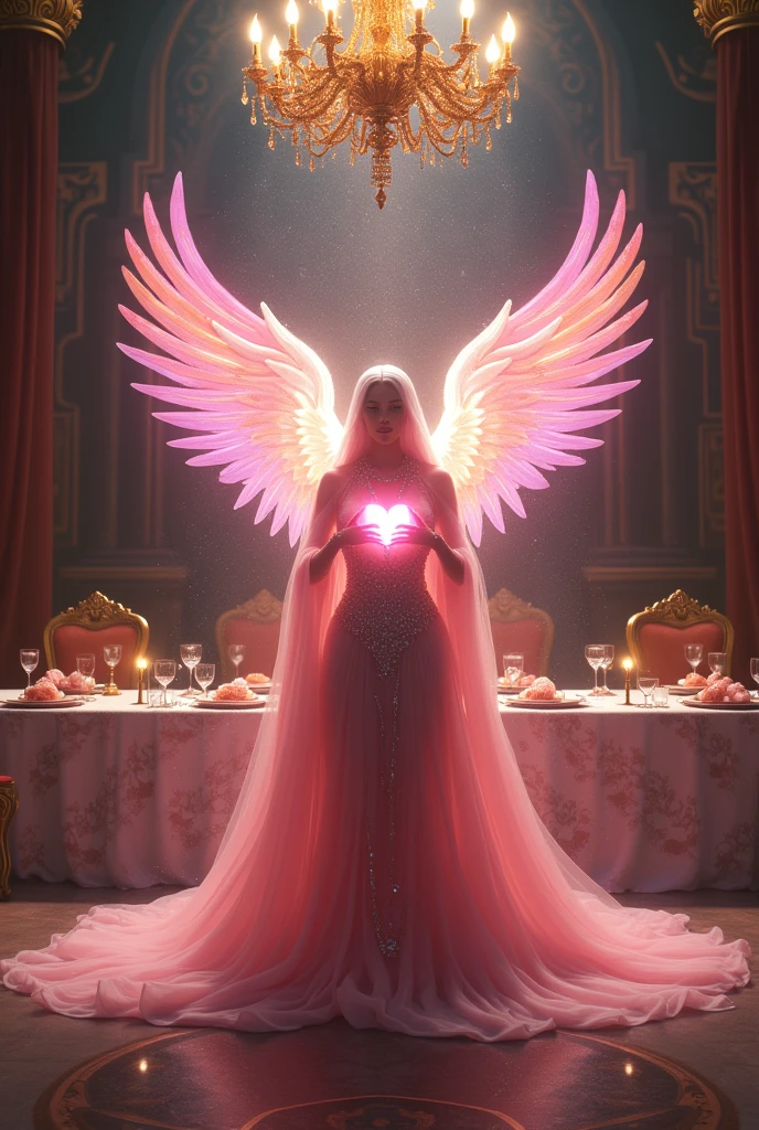 A tremendous god々Shi　Thank you for your continued support　A heart of gratitude shines in pink　Gentle rainbow-colored feathers dance　8K In a beautiful dress with jewels　Beautiful woman in the back　A big chandelier and a dinner party for one person　The old castle sparkles and stardust falls　Nobody is here