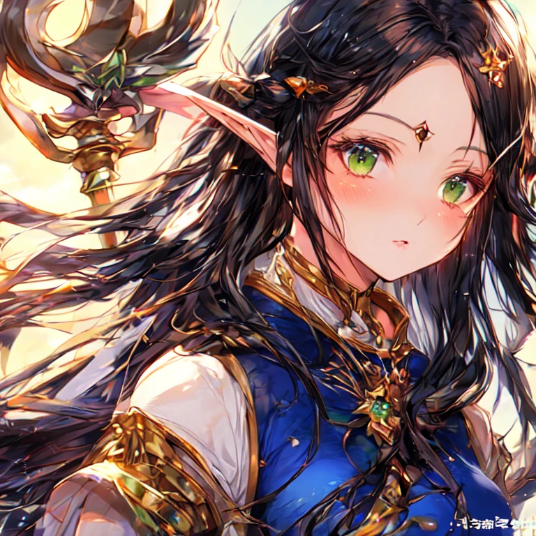 Beautiful elf lolka with long black hair and green eyes medium breasts and a staff UHD, textured skin, super detail, high details, high quality,