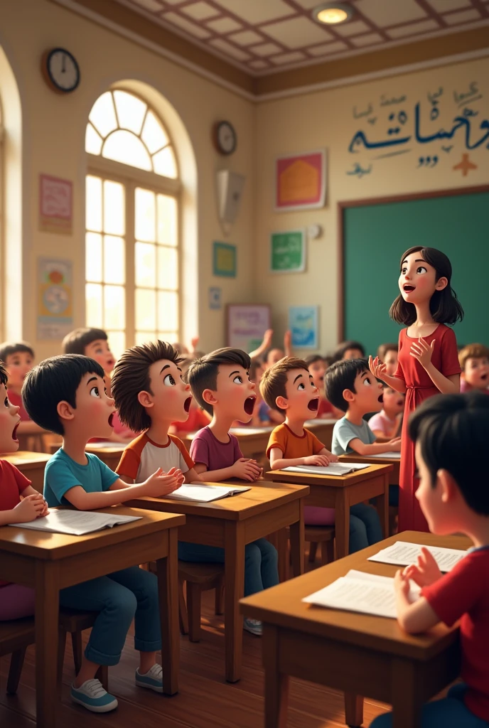 KG students learning in class room arebic subject
Singing a song
