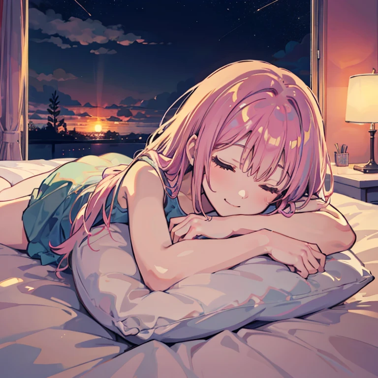 Girl Sleeping Happy sleeping face At the bed Inside the room By night Cloudy Lying on your back