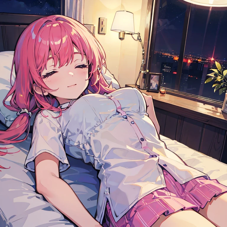 Girl　Sleeping　Happy sleeping face　At the bed　Inside the room　By night　Cloudy　Lying on your back
