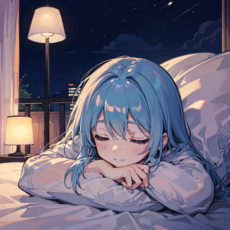Girl Sleeping Happy sleeping face At the bed Inside the room By night Cloudy Lying on your back