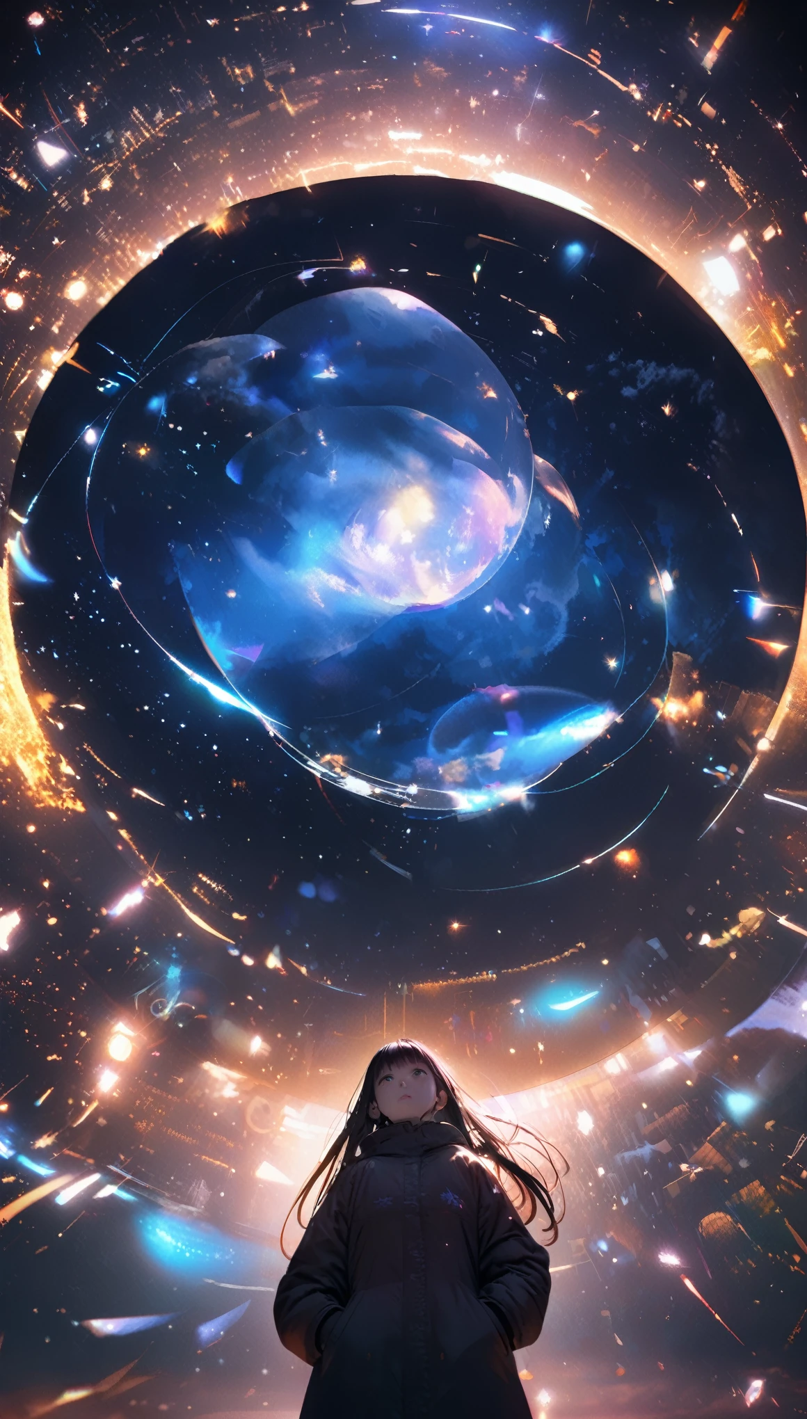 8k,wallpaper of extremely detailed CG unit, ​masterpiece,hight resolution,top-quality,top-quality real texture skin,hyper realisitic,increase the resolution,RAW photos,best qualtiy,highly detailed,the wallpaper,cinematic lighting,ray trace,golden ratio, BREAK ,many stars twinkling in a beautiful bright winter night sky, long exposure starry sky with many circular orbits, silhouette of a cute young woman with long hair with her hands in her coat pockets looking up at it, photo taken from long distance, photo from below, beautiful kaleidoscope multiple exposures overlapping