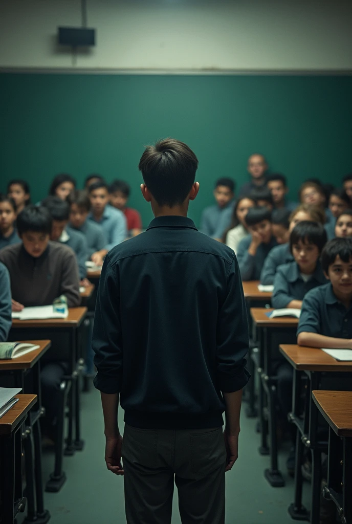 WHOE Classrome are watching back on one student who is standing next to his desk and he looks scared 