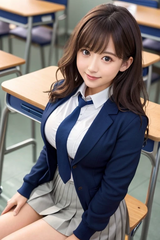 8k, Highest quality, The true picture, Intricate details, Very detailed, Ultra-high resolution, Depth Field,(Realistic,Realistic:1.2), From the side, One of the Japan, Very beautiful person, Big eyes, Beautiful breasts:1.5、Very detailedな目:1.2), (Beautiful breasts:1.1), (Small breasts), Wavy Hair、Curly Hair、bangs, Perfect Skin, Fair skin, (Big Hips:1.3), (Thick thighs:1.3), (Thick legs:1.3), Tight waist, Slightly reddish, alone, Looking at the audience, (smile:1.1), ((School_uniform),(Dark Blue Blazer), (White shirt、Wear a tie), (Grey pleated skirt), (Sculptural installation :1.1), break, (During class:1.2), In a high school classroom, Please sit down