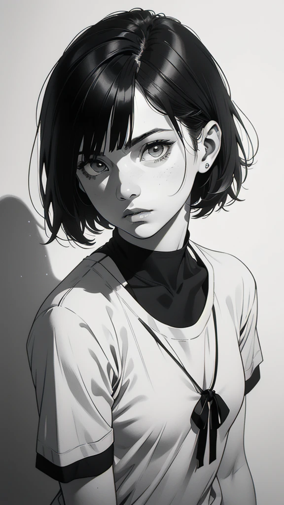 1 boyish girl, solo, sharp eyes, expressionless, monochrome, greyscale, short black hair, portrait, white T-shirt, closed mouth, looking at viewer, graphite \(medium\), detailed lips, hatching \(texture\), without makeup, bangs, upper body, (best illustration), (best quality), (very detailed), (masterpiece), expressionless,