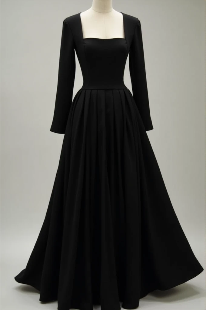 A complete black, square neck, ankle length, pleated, full sleeve dress