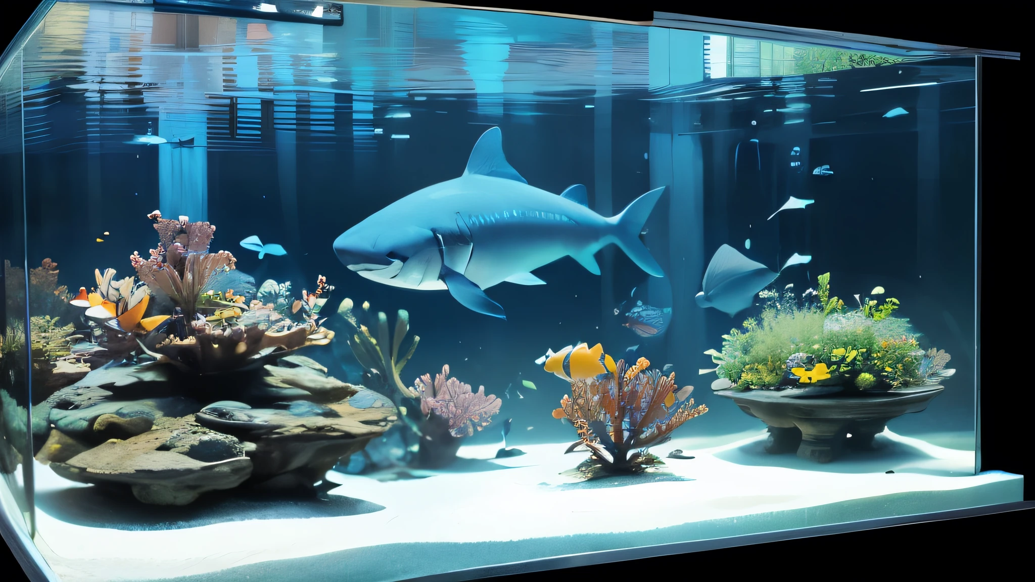 Cool summer aquarium, front view composition of aquarium, sharks swimming, many colorful tropical fish swimming