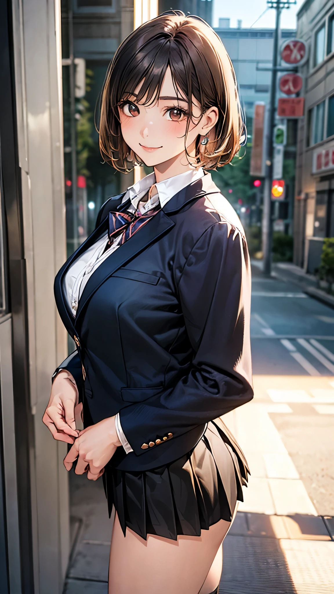 (masterpiece:1.2, Highest quality), (Realistic, photoRealistic:1.4), Beautiful illustrations, (Natural Side Lighting, Cinema Lighting),
View your viewers, Cowboy Shot, Front view, 1 person, Japanese, high school girl, Perfect Face, Cute and symmetrical face, Glowing Skin,
(short hair:1.2, Bobcut:1.2, Brown Hair), Swept-apart bangs, Dark brown eyes, Long eyelashes, (Large Breasts:0.6, Captivating thighs),
Beautiful Hair, Beautiful Face, Beautiful attention to detail, Beautiful clavicle, Beautiful body, Beautiful breasts, Beautiful thighs, Beautiful feet, Beautiful fingers,
(((Black blazer, Close Blazer), White collared shirt with long sleeves, Black pleated skirt, Black socks)),
(Beautiful views), evening, street, Are standing, (Cute smile, Upward glance),