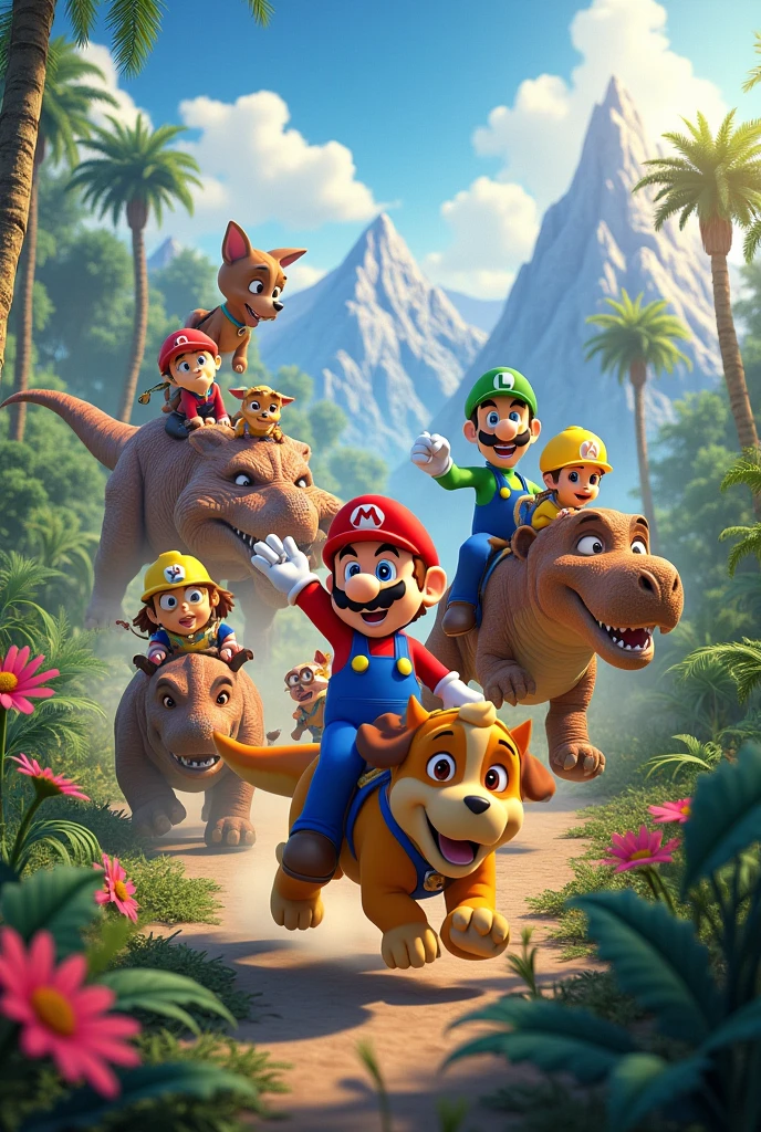 Mario Bros, Paw Patrol, Minions riding different dinosaurs