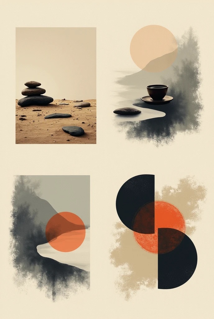 Generate a four-square picture,There are landscape-themed,Ink painting style,Emphasis on nature and。
There is also a dry landscape theme,Adopt a minimalist style,Convey a sense of Zen through the layout of stones and sand。
There is also a Zen tea ceremony theme,Traditional style,Showing the tranquility and concentration in the tea ceremony。
There are also themed,Modern abstract style,Expressing Zen through the contrast of colors and shapes。