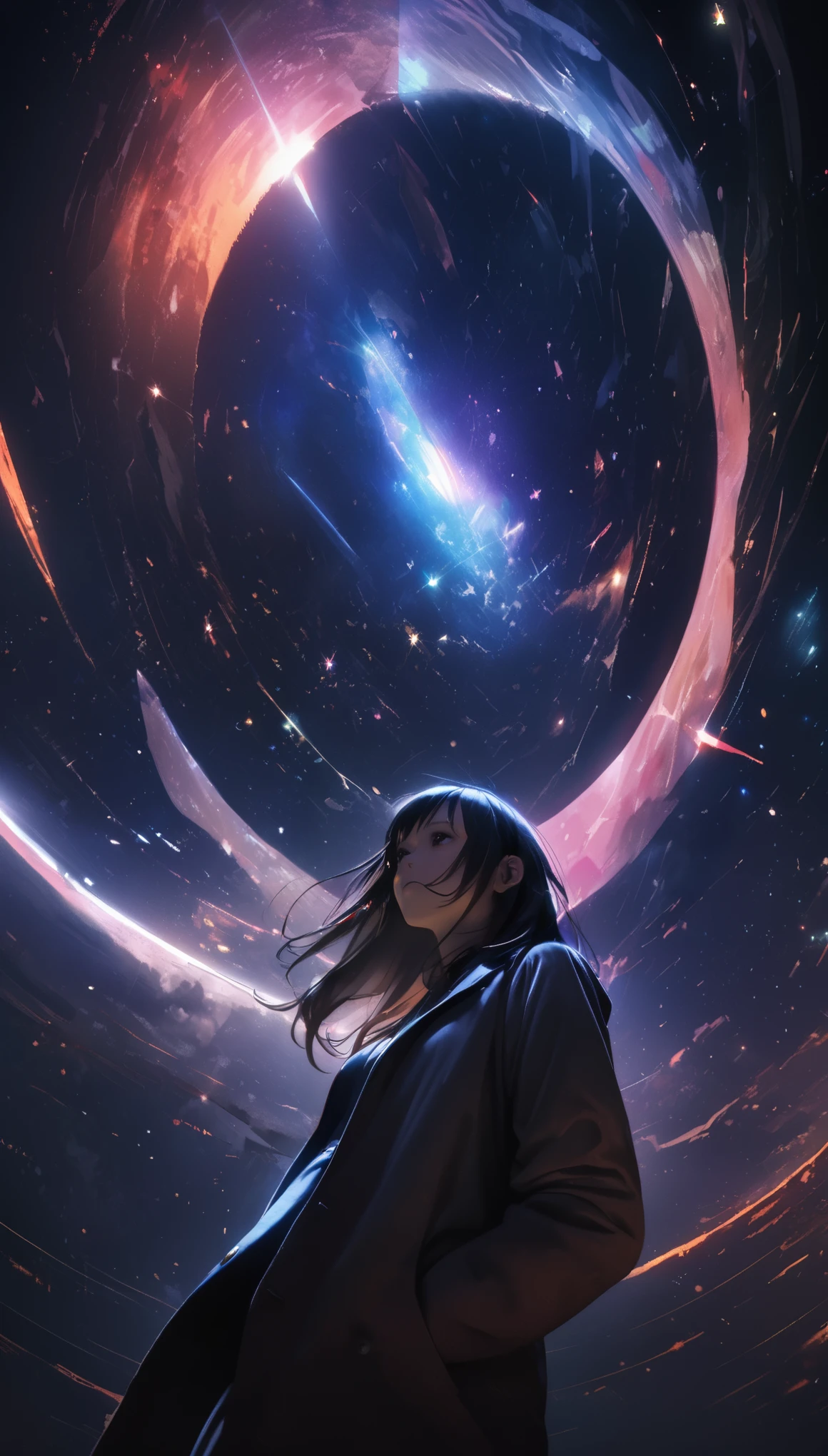 8k,wallpaper of extremely detailed CG unit, masterpiece,hight resolution,top-quality,top-quality real texture skin,hyper realisitic,increase the resolution,RAW photos,best qualtiy,highly detailed,the wallpaper,cinematic lighting,ray trace,golden ratio, BREAK ,many stars twinkling in a beautiful bright winter night sky, long exposure starry sky with many circular orbits, silhouette of a cute young woman with long hair with her hands in her coat pockets looking up at it, photo taken from long distance, photo from below, beautiful kaleidoscope multiple exposures overlapping
