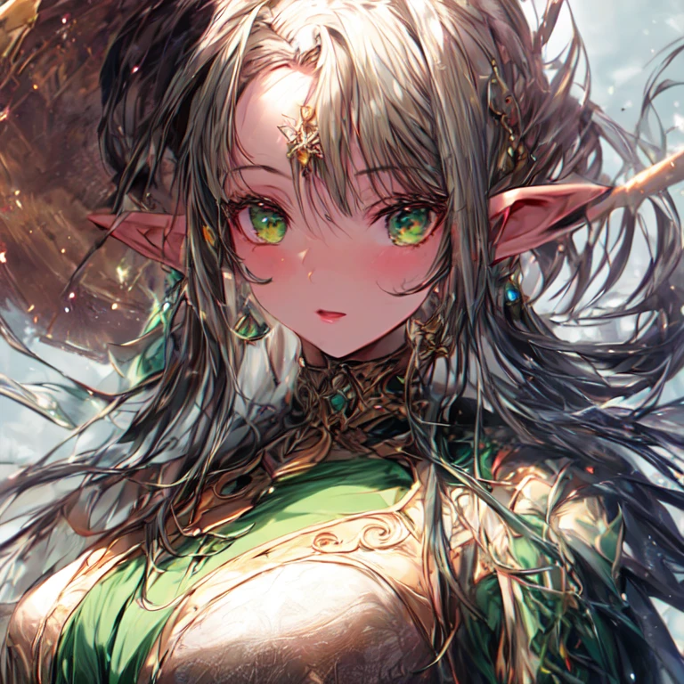Beautiful elf lolka with long black hair and green eyes medium breasts and a staff UHD, textured skin, super detail, high details, high quality,