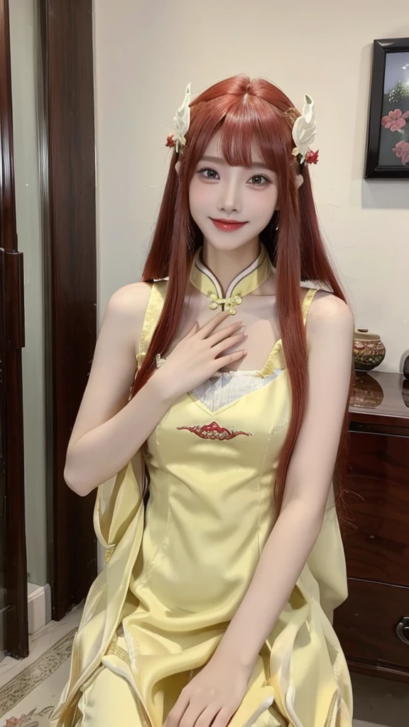 1girl, solo, dress, red hair, china dress, chinese clothes, long hair, realistic, hair ornament, looking at viewer, yellow dress, hand on own chest, indoors, sleeveless, smile