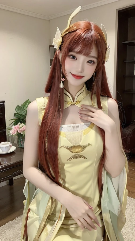 1girl, solo, dress, red hair, china dress, chinese clothes, long hair, realistic, hair ornament, looking at viewer, yellow dress, hand on own chest, indoors, sleeveless, smile