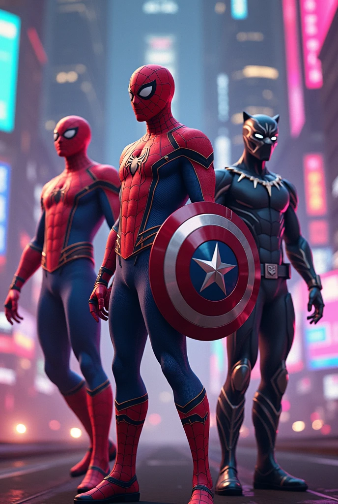 Spider man and captain america red custouim and black panther with neon city 
