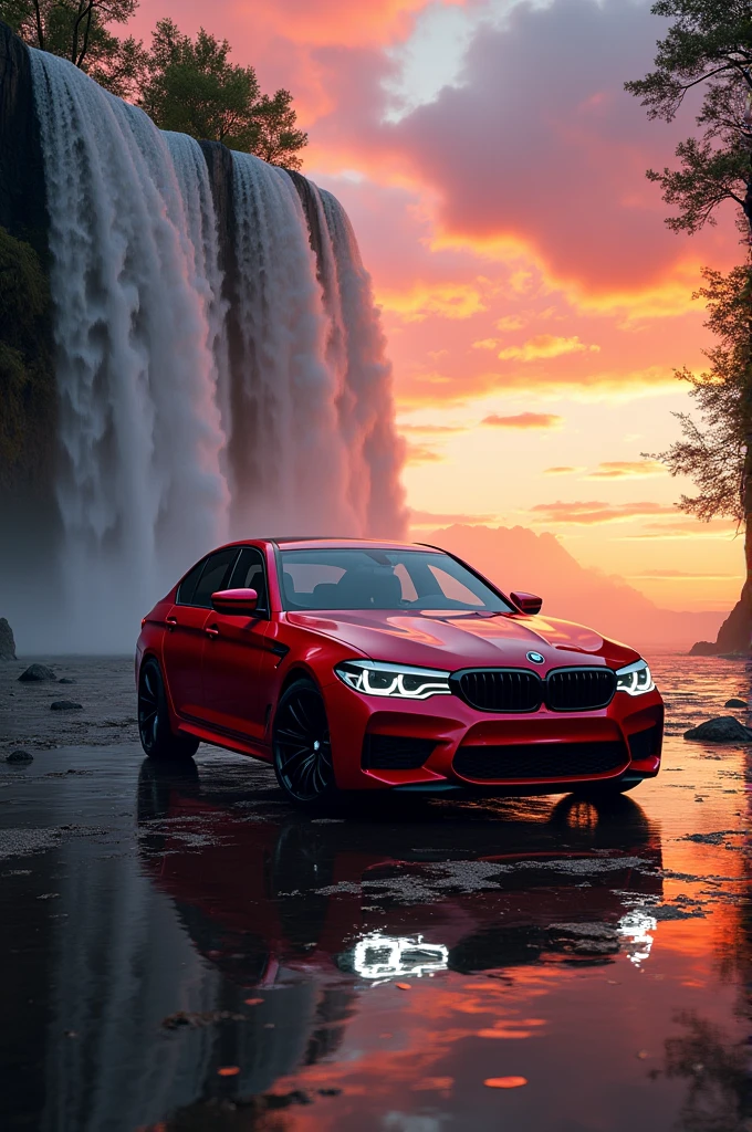 Bmw m5 bloody colour with water fall and sunset 