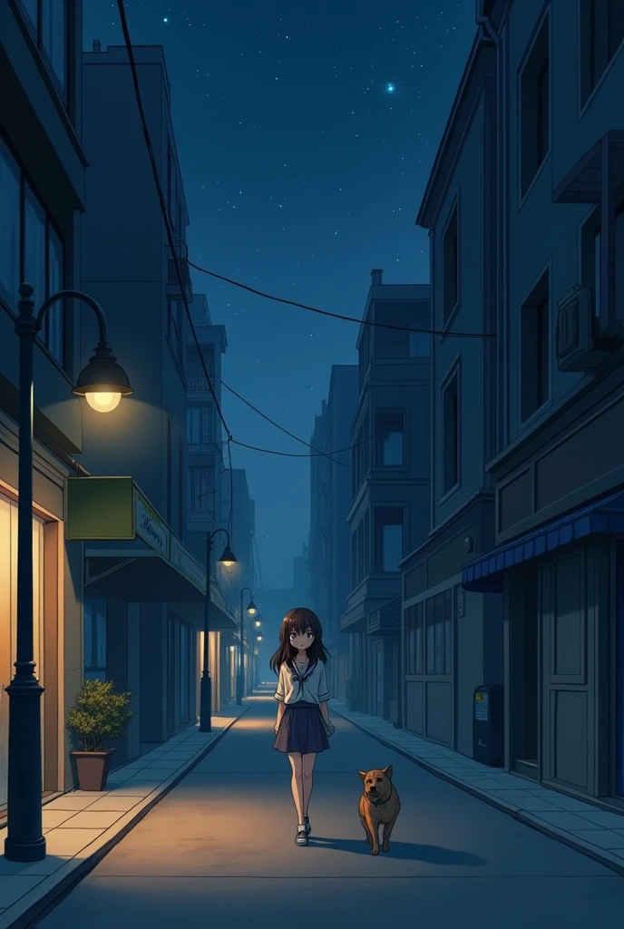An anime girl walking through an empty street with a dog. Night view