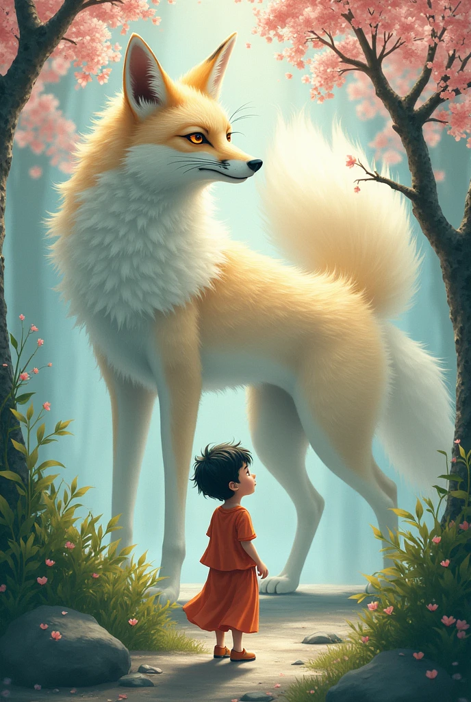A Japanese nine tail fox with a boy 