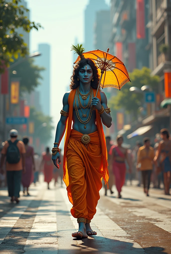 "shree krishna ji, the revered hindu deity, strollingdown a busting road. he holds a colorful umbrella in his hand, which contrasts with his traditional attire and the lively urban backdrop. the scene blends the divine with the everyday, showcasing shree krishna ji's serene presence amidst the modern world"