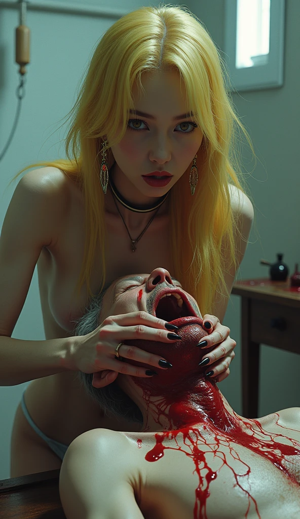 (((photorealistic:1.4))), ultra realistic, pores, (((masterpiece))),high quality, ultra details, realistic white skin beautiful face pretty korean idol adult smilling bloody woman showing long sharp black fingernails, model, very pretty, vein on hands, wearing sexy outfit, pretty long legs, ring on fingers, long yellow hair,  long earrings, big necklace, grabbing neck of painful expression of realistic ugly old man head tied up on the post with throat ripped, blood splatter everywhere, extreme ????, looking at camera, night, white ??????? room with torture device on the table, looking at camera, 