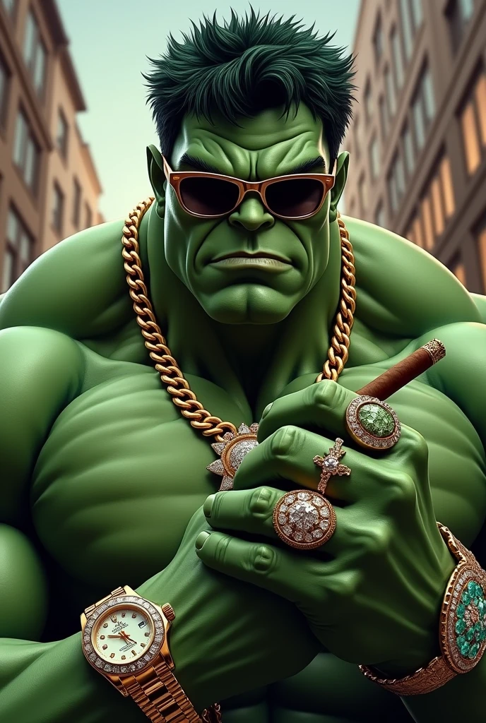 Makes the Hulk look very rich, wearing gemstone rings on both fingers.
and wears a Rolex watch
Wear dark glasses and
smoke cigars