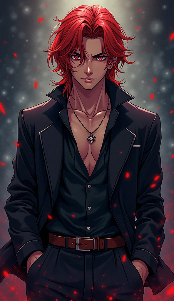 A boy with beautiful long hair, mafia look, anime style