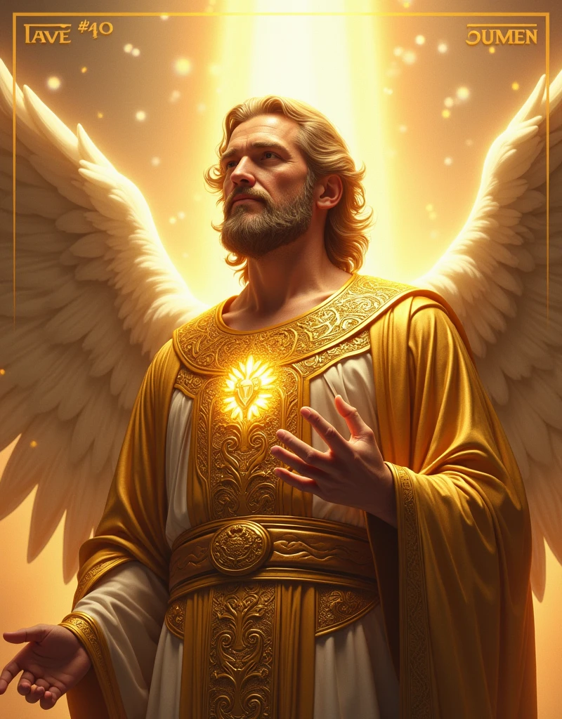 Create an image of Archangel Gabriel, represented in a majestic and powerful way, with golden details and a shining tunic. At the top of the image, Put the text in large, bold letters "EPA #40". At the bottom of the image, add the word "soon" in clear and prominent letters. Finally, On the bottom, add the name of the place "UNION VILLAGE". Make sure the design is impactful, with a heavenly style, and that the texts are legible and well integrated into the visual composition. Do it just as I describe it to you. , I don&#39;t want mistakes with bigger letters 