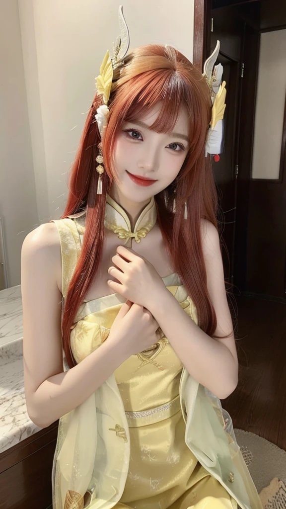 1girl, solo, dress, red hair, china dress, chinese clothes, long hair, realistic, hair ornament, looking at viewer, yellow dress, hand on own chest, indoors, sleeveless, smile