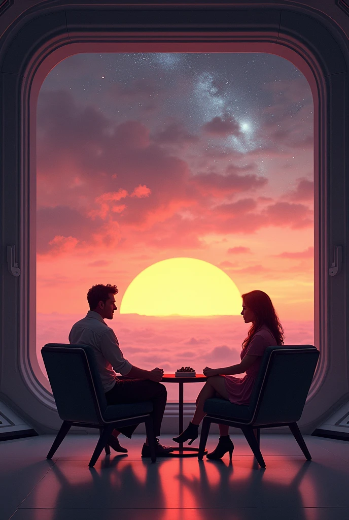 Man and woman sitting on the hell station and see sunset in setting up the chair and eat choclate