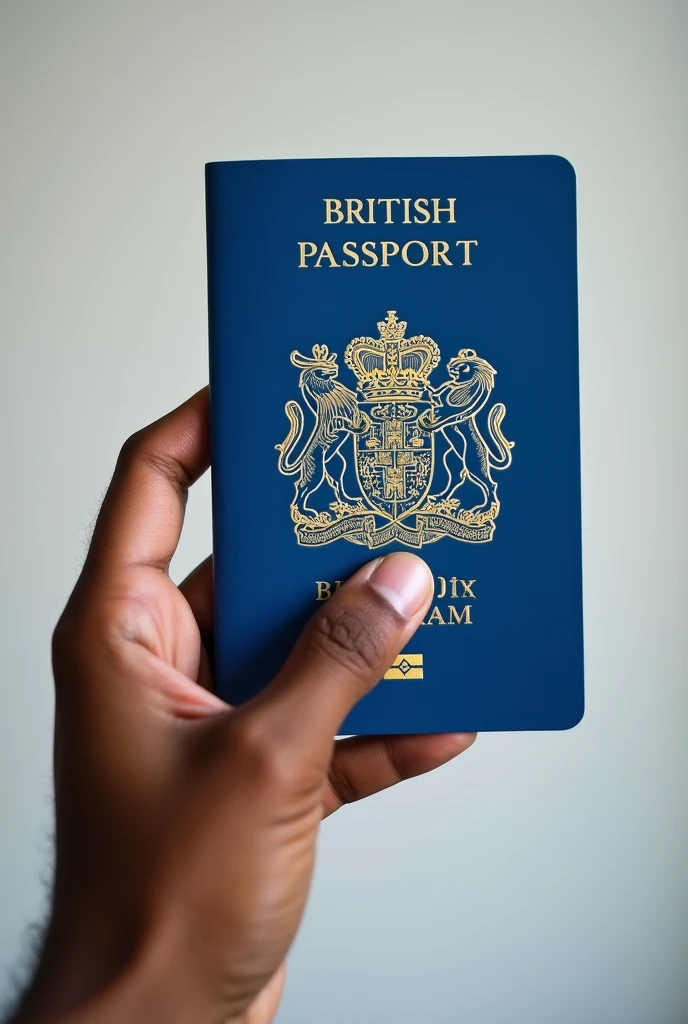 A brown man's hand holding a new blue British passport