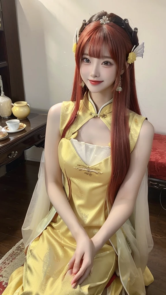 1girl, solo, dress, red hair, china dress, chinese clothes, long hair, realistic, hair ornament, looking at viewer, yellow dress, hand on own chest, indoors, sleeveless, smile