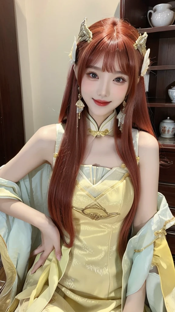 1girl, solo, dress, red hair, china dress, chinese clothes, long hair, realistic, hair ornament, looking at viewer, yellow dress, hand on own chest, indoors, sleeveless, smile