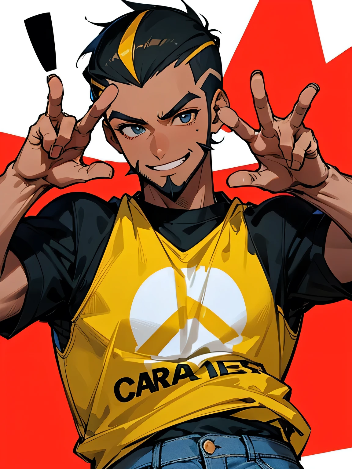 solo, upperbody, man, black upside short perm sideshaved, (dark skin:1.2), big forehead, close up handsome face,big funny smile, beard:0.6, black t-shirts, jeans, (peace sign both hands), model pose,proud smile, (I am the main character), white simple back ground,