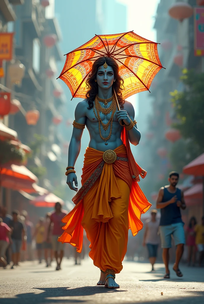 "shree krishna ji, the revered hindu deity, strollingdown a busting road. he holds a colorful umbrella in his hand, which contrasts with his traditional attire and the lively urban backdrop. the scene blends the divine with the everyday, showcasing shree krishna ji's serene presence amidst the modern world"
