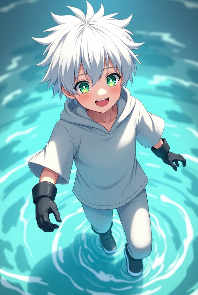 Generates an anime-style image of a 1 boy with: by white, green eyes, 8-pointed star-shaped white pupils, have a big smile, with completely white hair, with white eyelashes,  White clothes, and black gloves, que tenga green eyes, do it by walking on water, on a surface of water only