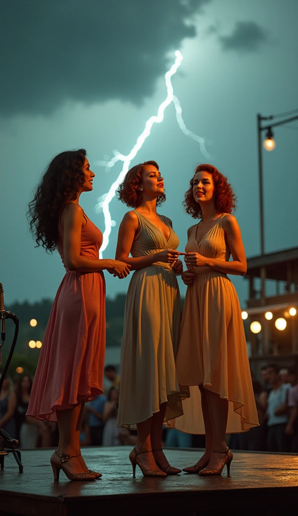 A photo of three women singers, one with dark hair, one with red hair, and one with chestnut hair. They are wearing vintage swing dresses from the 1930s. The women are singing at a radio festival. The setting is outdoors. There is a storm with lightning in the background. The ground is wet.