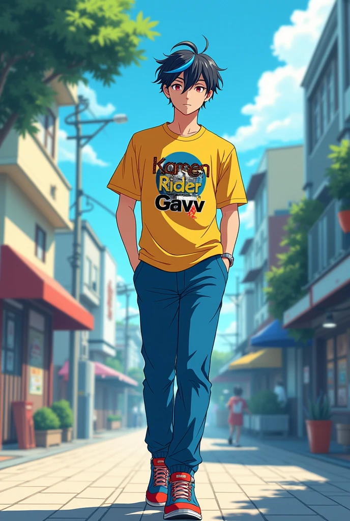 1 Japanese man,Age 23,Short black and blue hair,Yellow short-sleeved shirt with the words Kamen Rider Gavv written on it.,Long blue pants,Red and blue sneakers,In hand holding candy,pretend,Walking with hands in pockets,behind,General sidewalks,Beautiful anime