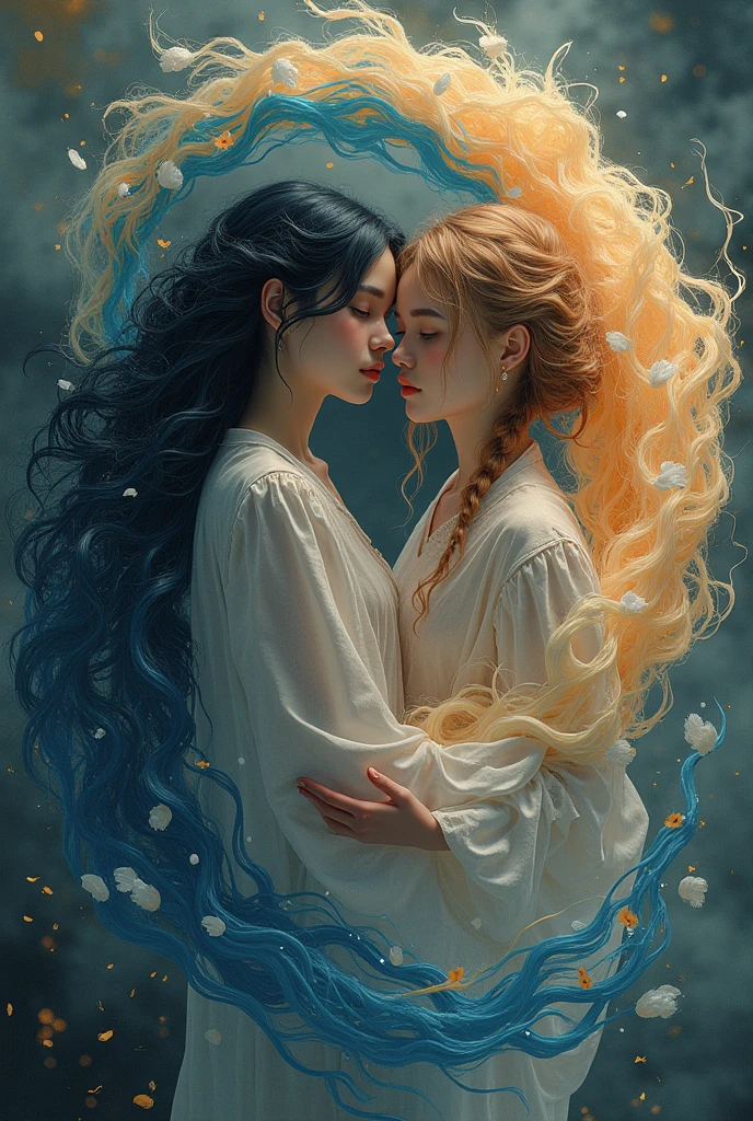 Super realistic, Digital Artwork. Super detailed. High angle shot. An anthropomorphized yin-yang girls. A yin girl and a yang girl intertwine. yin-yang world. symmetrical