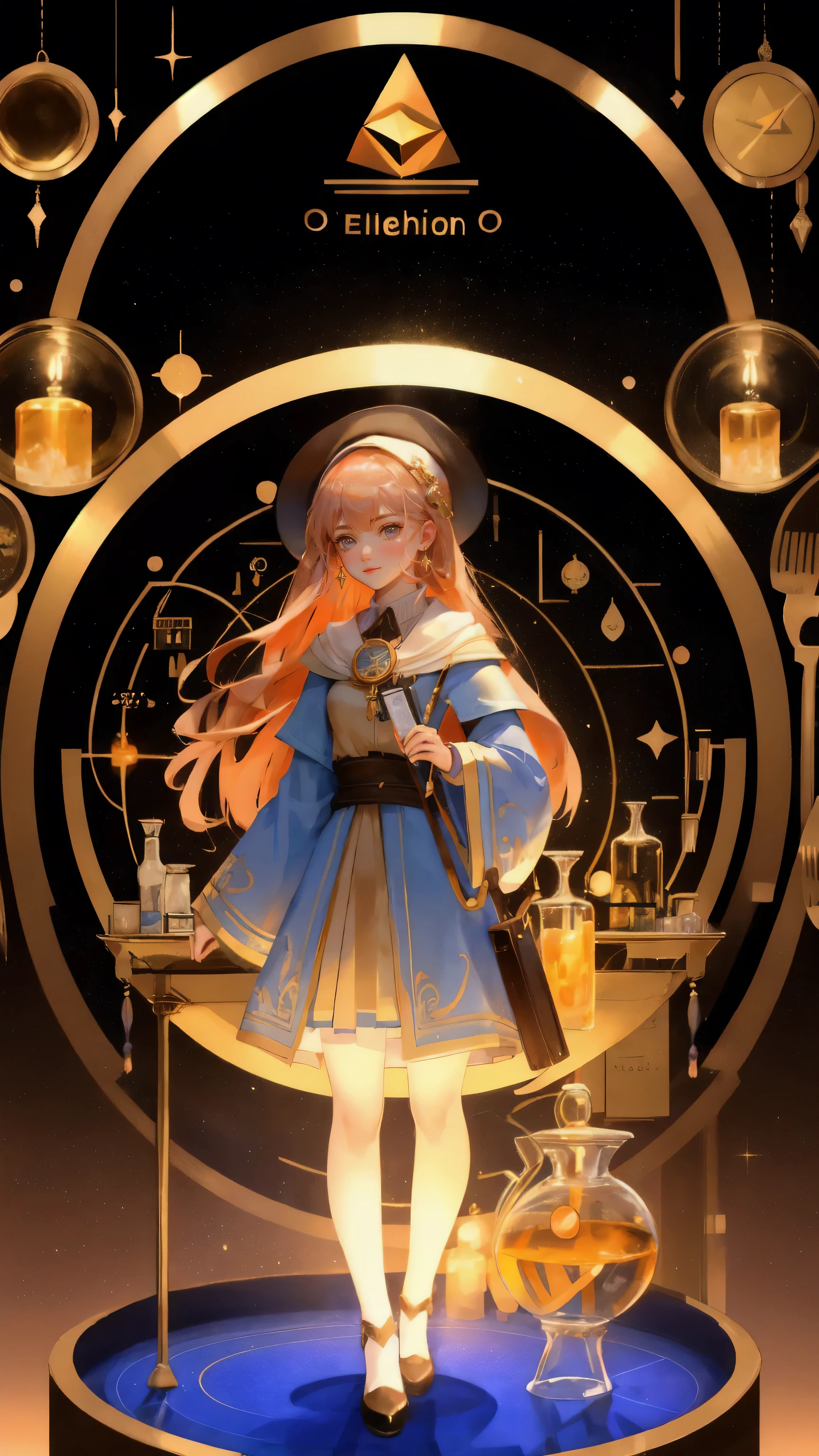 A beautiful young female alchemist, surrounded by glowing altcoins like Bitcoin, Ethereum, and other cryptocurrencies. She stands at an elaborate alchemical table, performing a ritual with beakers, flasks, and arcane symbols. The scene is bathed in warm, golden light with intricate details, all set against a rich, brown background, emphasizing the 'Altcoin Alchemy' theme.