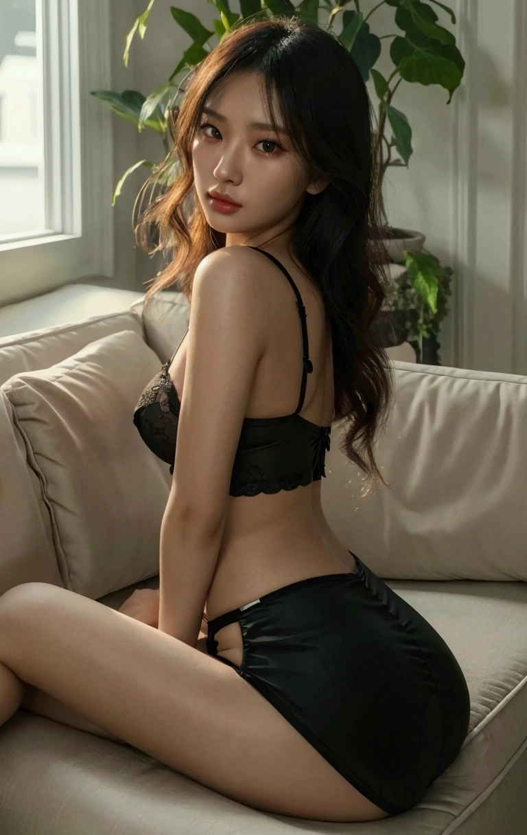 a beautiful asian woman in black lingerie sitting on a couch, detailed face, detailed eyes, detailed lips, long eyelashes, beautiful skin, elegant pose, couch in modern living room interior, warm lighting, cinematic composition, high quality, photorealistic, 8k, hyper detailed, (masterpiece:1.2),ultra-detailed,(realistic,photorealistic,photo-realistic:1.37),studio lighting,physically-based rendering,extreme detail description,vivid colors