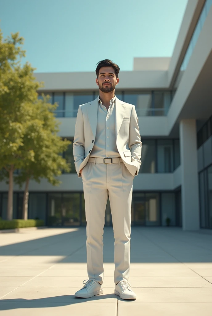 The final scene shows the boy, now grown up and successful, wearing clean, professional attire. He stands confidently in front of a modern building, symbolizing his achievement. His expression is one of pride and fulfillment, reflecting the journey from a poor milk-seller to a successful individual