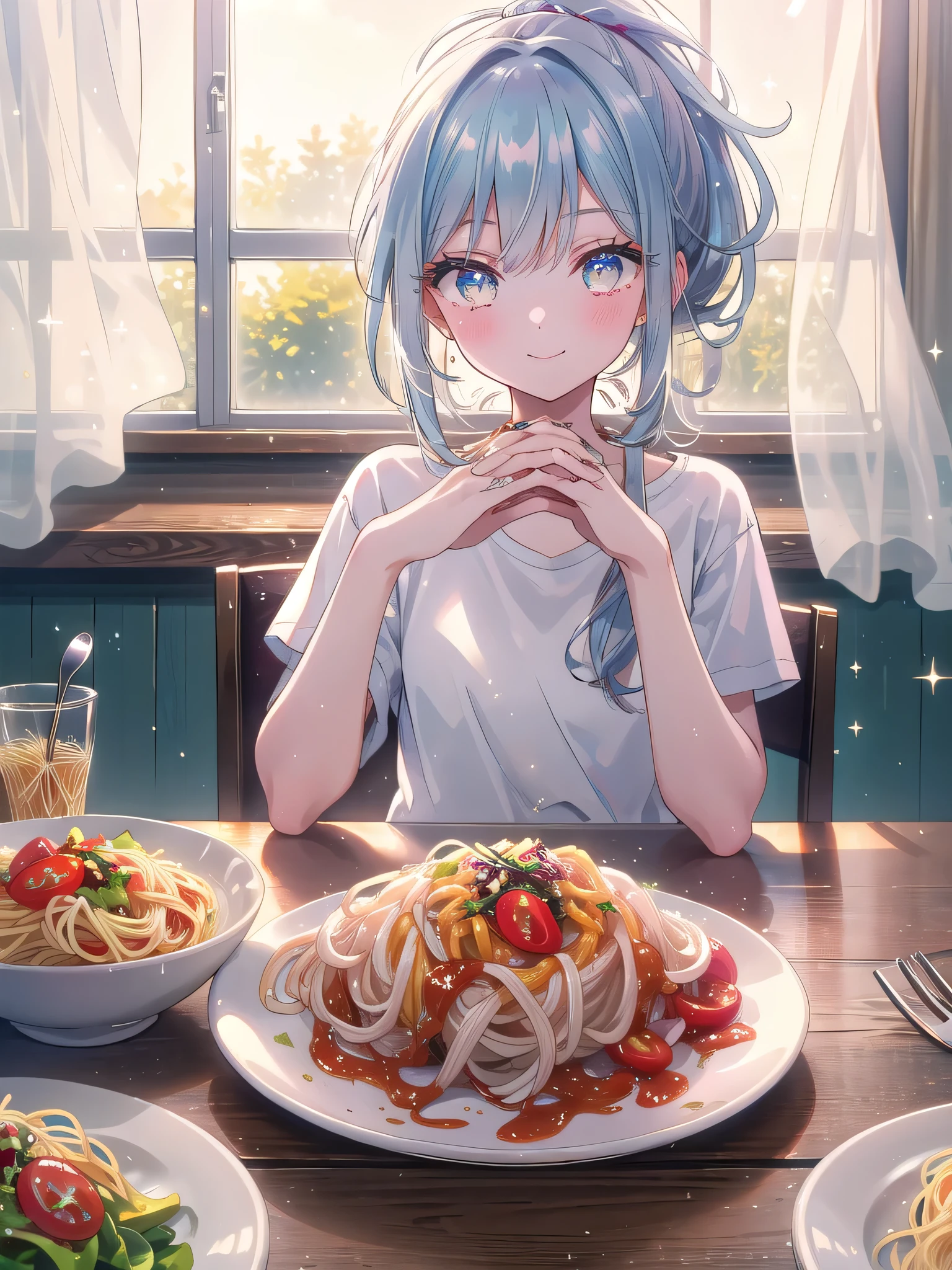 ((8k, Highest quality, masterpiece: 1.3)),Ultra-high resolution,(1 girl, alone), (Color changing eyes, Ultra-detailed, Expressive brilliance, Glitter, Glowing Eyes), Highly detailed eyes, Highly detailed face, Random Hair, ((pastel colour)The woman sits at a small wooden dining table in a cozy kitchen, illuminated by soft afternoon light streaming through a window with white curtains. She’s dressed in a simple white T-shirt and denim shorts, her hair casually tied up in a ponytail. A single plate of spaghetti with a small side salad sits before her. She looks at the camera with a warm smile, her eyes reflecting contentment. Her hand gently rests on the table, fingertips touching the edge of the plate, as she’s about to twirl the spaghetti with a fork.